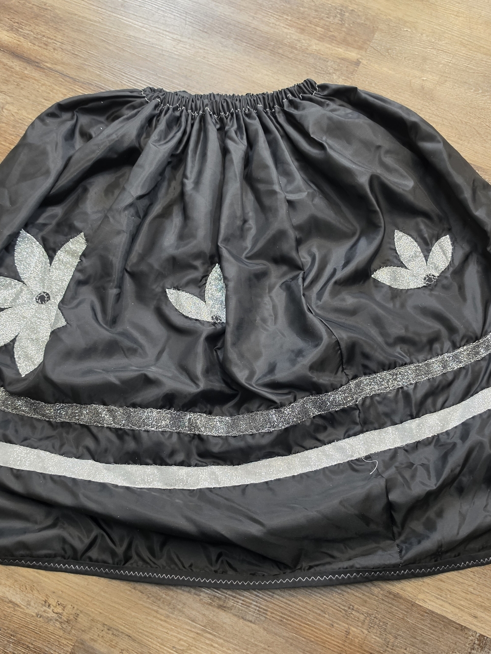 Black Floral Ribbon Skirt With Sparkle Elastic Waist Skirt with Silver Accents